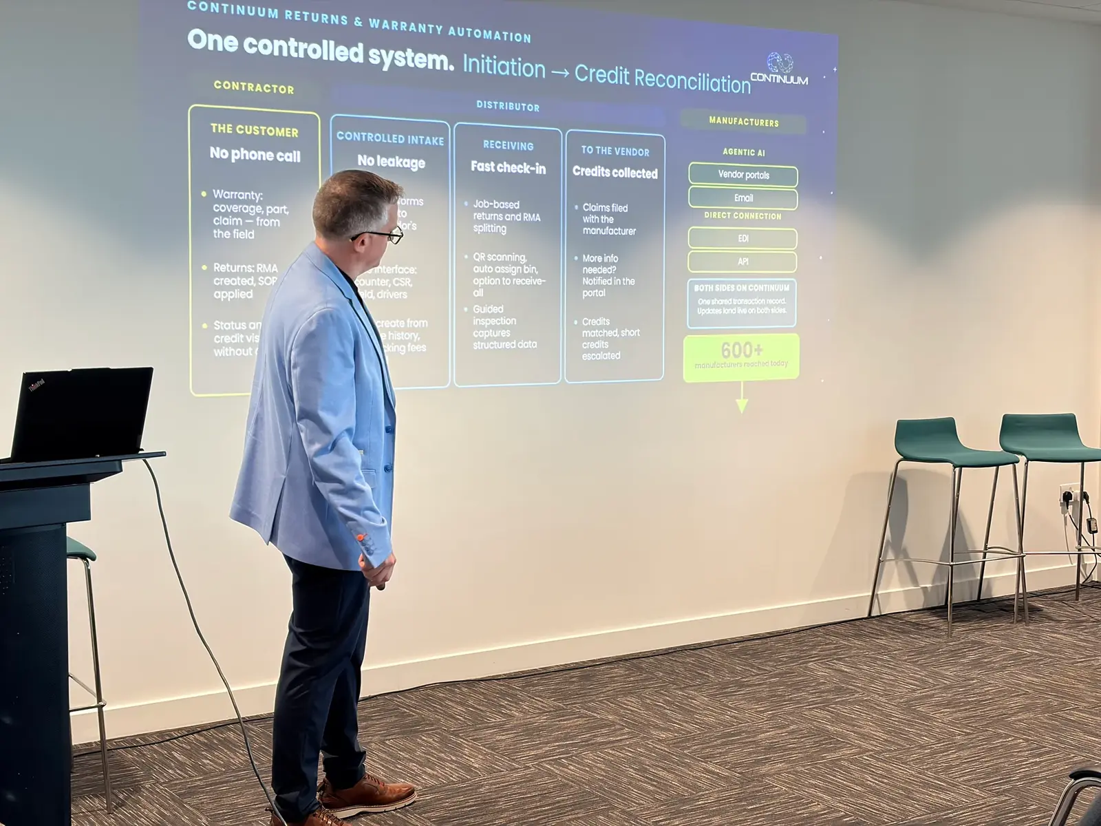 Ben Firman presenting the Continuum returns and warranty slide
